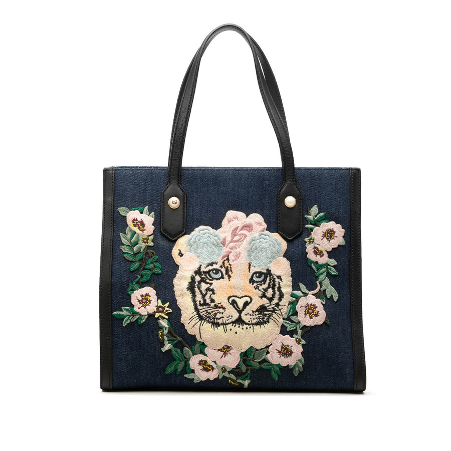 Gucci Denim Embroidered Tiger Tote Pre-