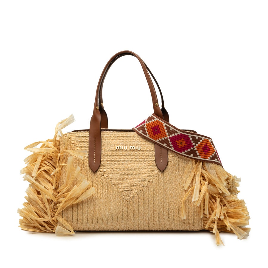Miu Raffia Straw Fringe Satchel