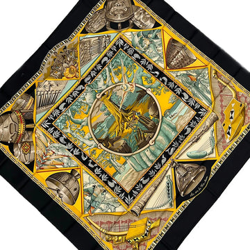 Hermes Carre 90 Black Yellow Multi Scarf