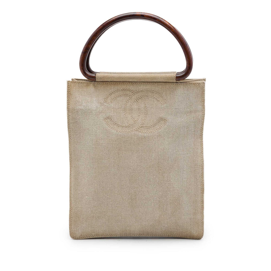 Chanel Cc Canvas Wooden Handle Tote Pre-