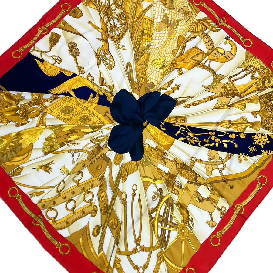 Hermes Carre 90 Red Navy Gold Scarf