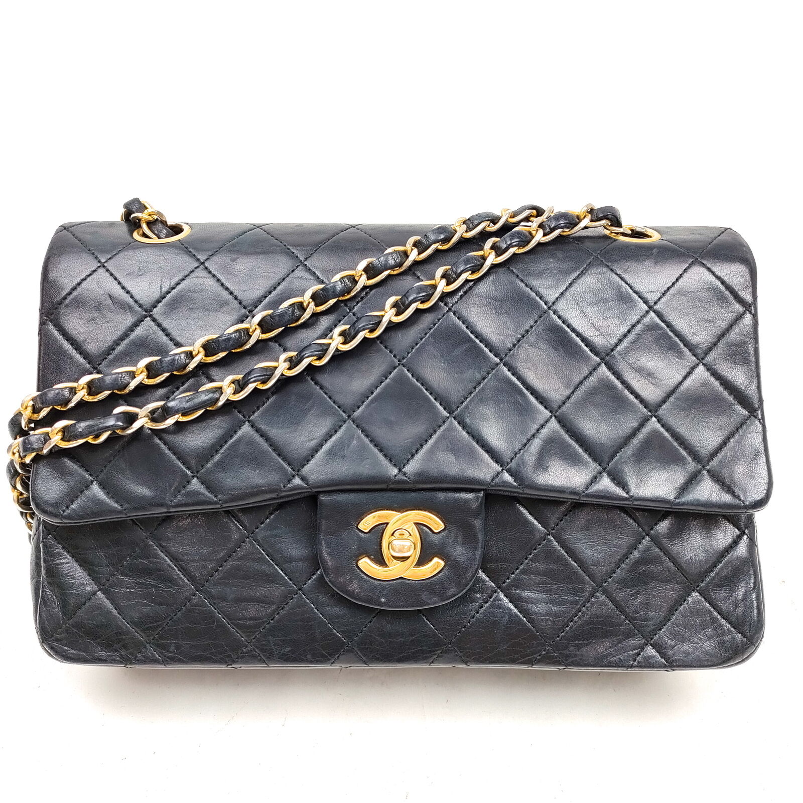 CHANEL 2.55 Double Flap 9 Silver Chain Shoulder Bag Black Lamb